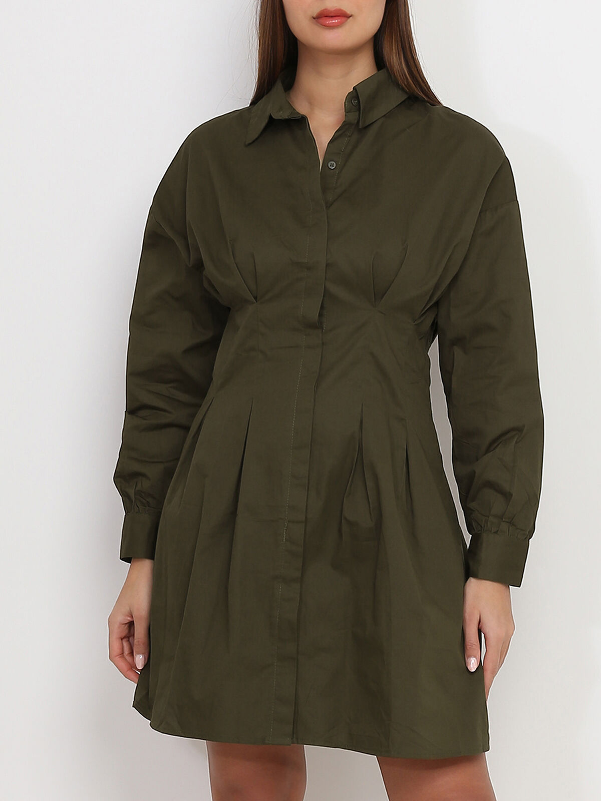 Robe chemise plissée et évasée- Kaki