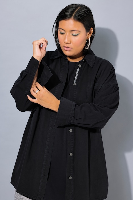 Jeanshemd, oversized, Knopfleisten-Stickerei