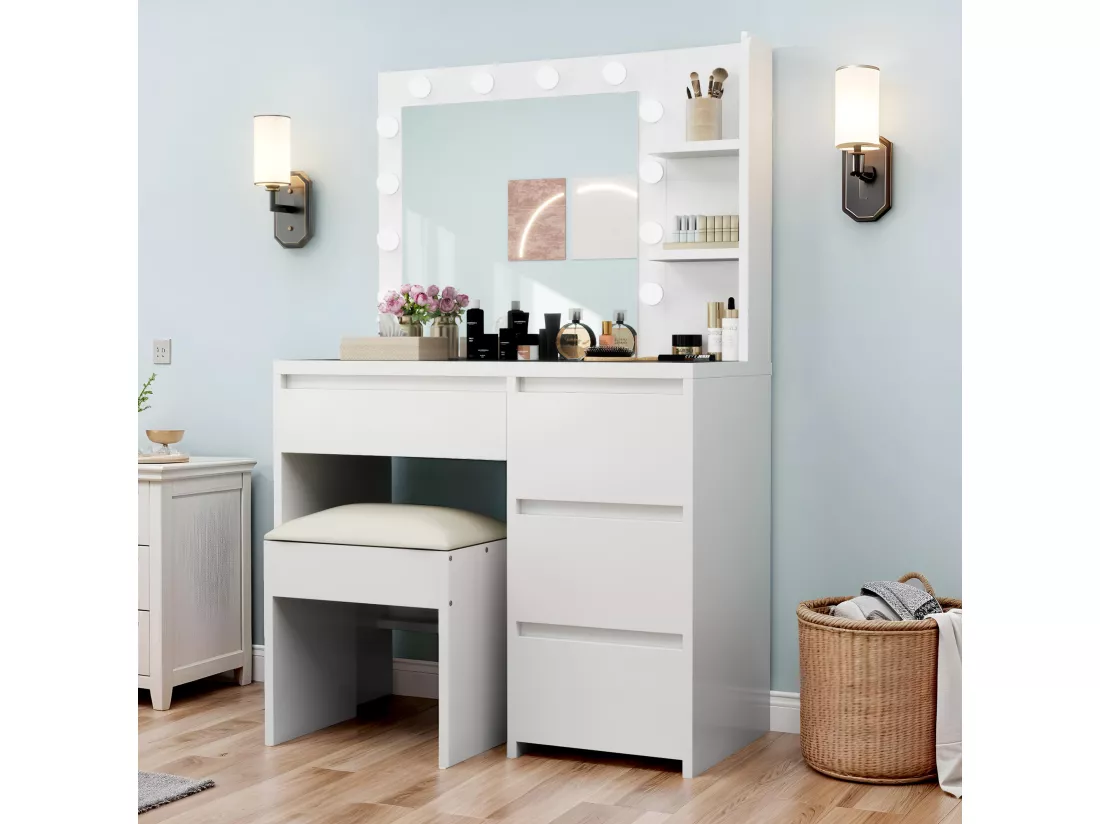 YITAHOME Coiffeuse avec éclairage LED - Miroir - Étagère ouverte - 4 tiroirs - Blanc