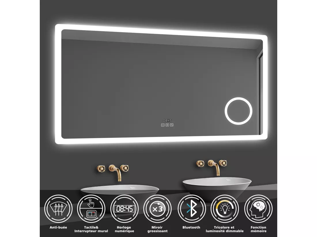 Aica Miroir Salle de Bain LED avec Bluetooth, Mural Miroir avec Horloge + 3 Couleurs + Dimmable + Anti-buée + Grossissant 3x -160 x 80cm
