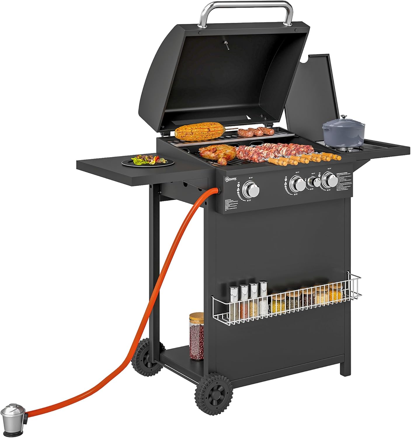 Outsunny Gasgrill 9,5 KW Grillwagen inkl 4 Brenner Seitenkocher Druckminderer Gasschlauch Rolle, BBQ Gartengrill mit 2 Heizzonen Deckel Seitenablagen Thermometer Grill für Balkon 123x57x98 cm