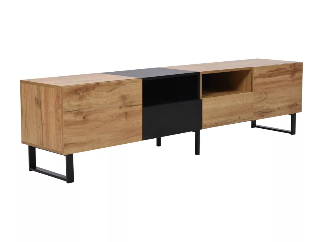 Meuble TV 190cm, avec 2 tiroir, 2 portes, 2 compartiment ouvert, style scandinave, Commode TV en chêne sauvage - Marron