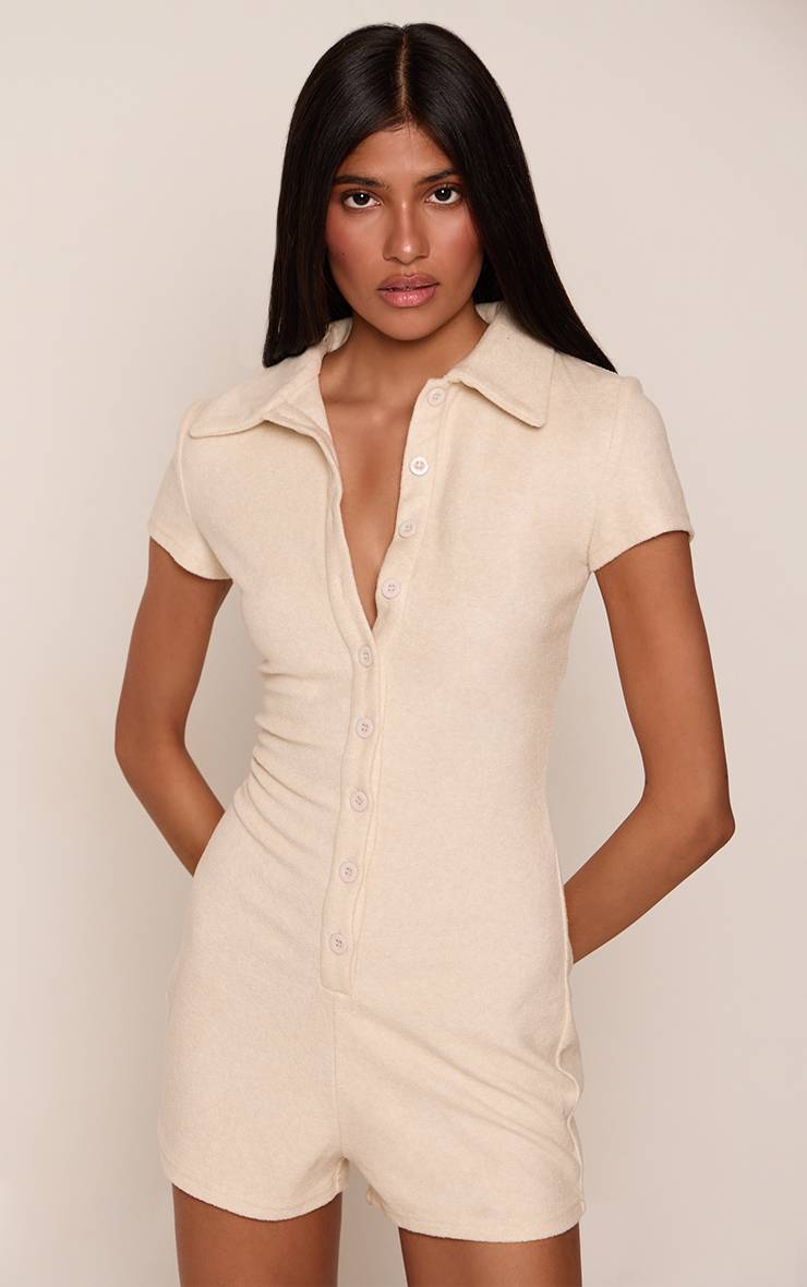 Crème Combi-short Boutonnée En Tissu Éponge
