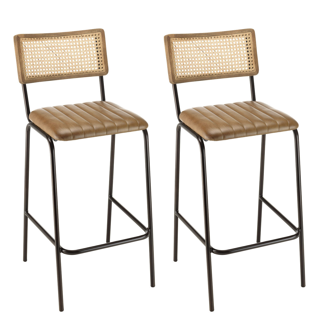 Macabane 2 Tabourets de bar assise matelassée en Cuir rotin/noir - 45x55x104 cm