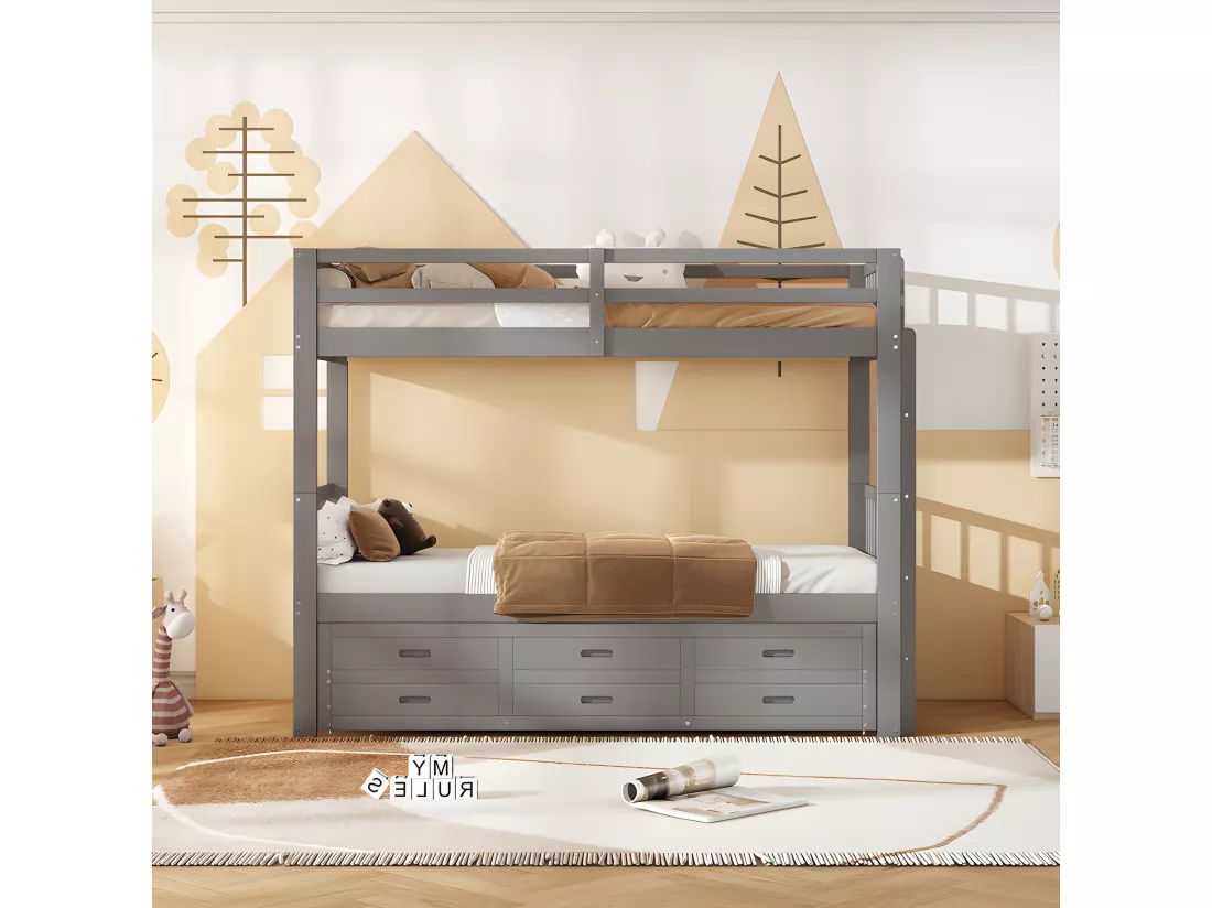 Lit superposé 90x200cm - avec lit gigogne et 3 tiroirs - en bois de pin massif et MDF - Gris