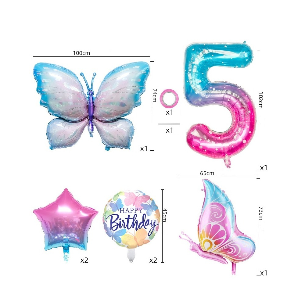 (7-tlg. Set) Zahlen Ballon Kinder Geburtstags Party Folienballon - Zahl 5 / Schmetterling