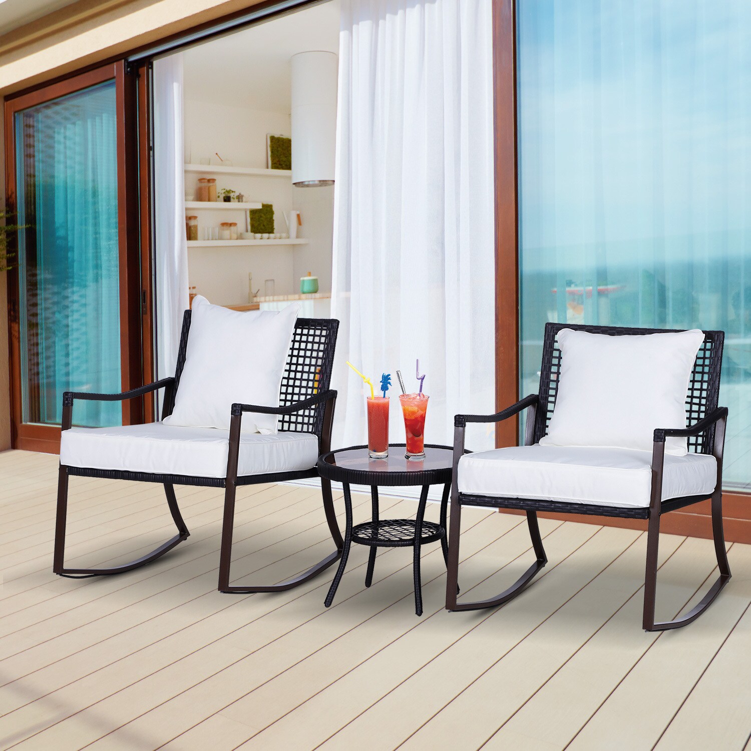 Outsunny Rattan Schaukelstuhl als 7-tlg. Set braun, cremeweiß