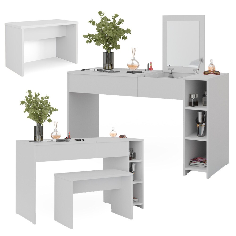 Vicco Schminktisch Kira, 129 x 76 cm, Weiß, Frisiertisch inkl. Spiegel und Bank, modern