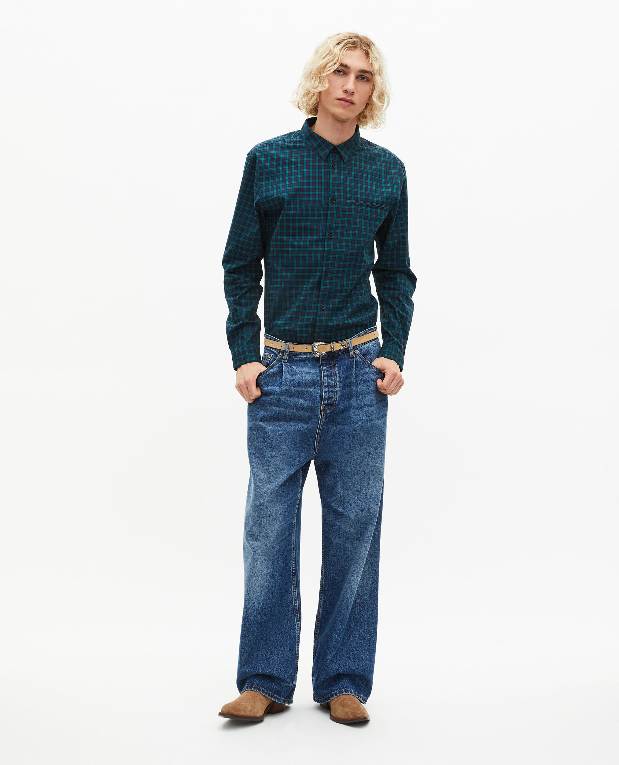 Chemise à petits carreaux marine et verte