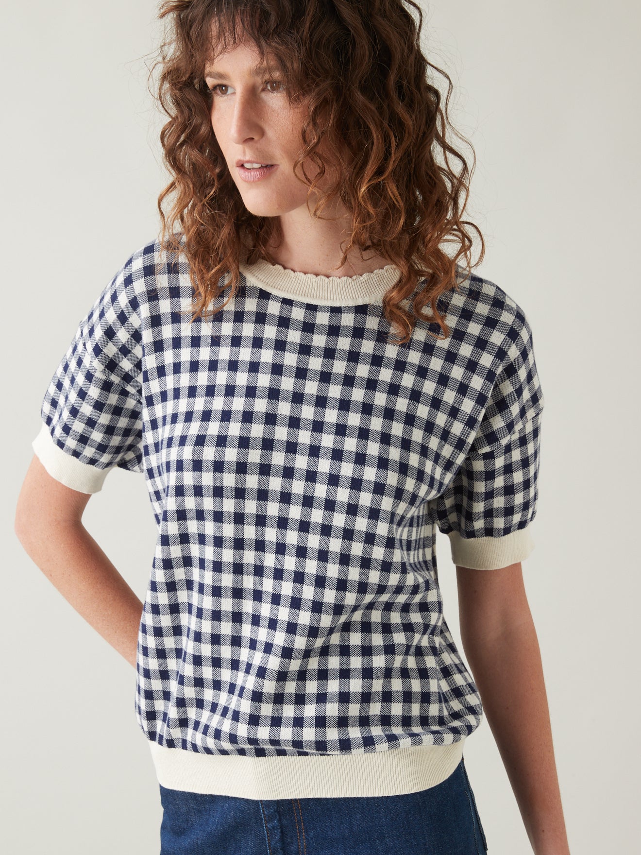 Pull boxy jacquard vichy femme