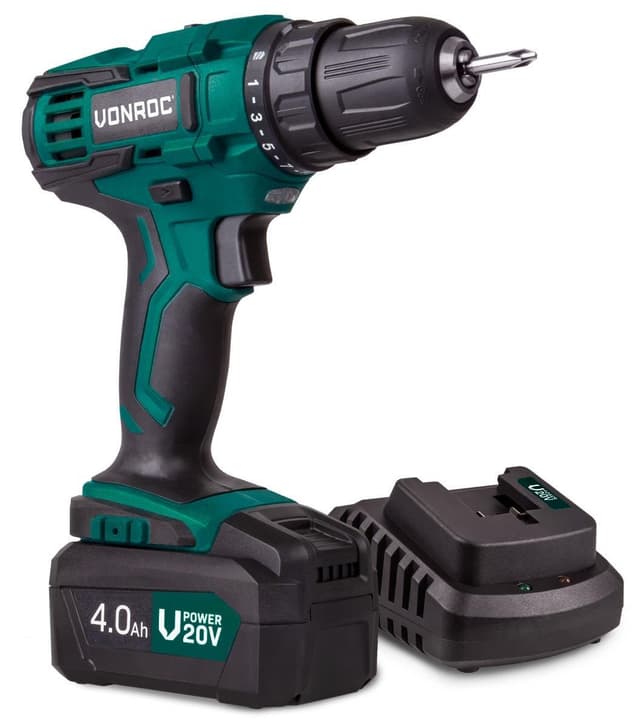 VONROC Bore-/skruemaskine 20V – 40Nm | 2 Gear & 21 Momentindstillinger | Inkl. 4.0Ah akku og oplader