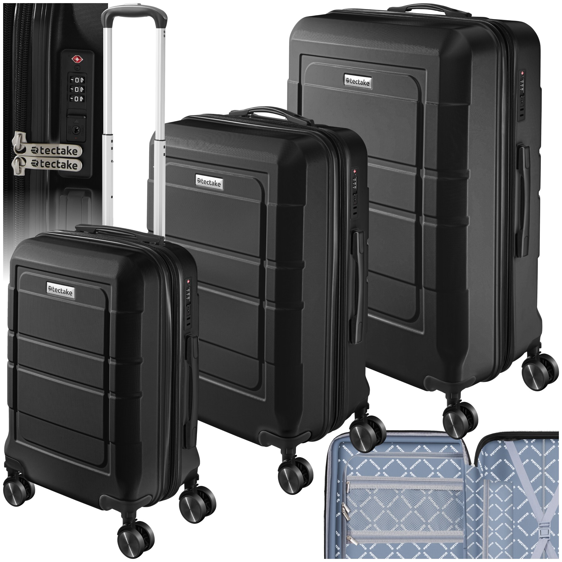 tectake® Reisekofferset, 3-teilig aus robustem ABS-Kunststoff, 360° drehbare, abnehmbare Gummirollen, TSA-Sicherheitszahlenschloss