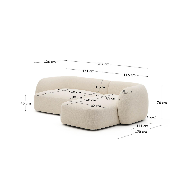 Kave Home Martina 3-zits bank met chaise longue links ecru