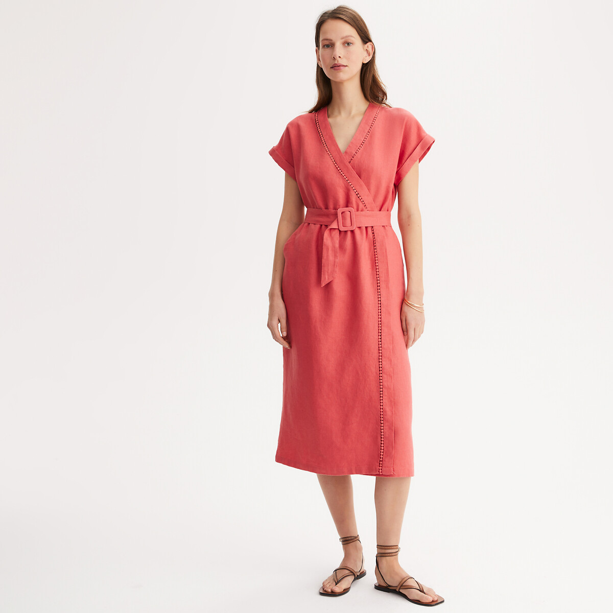ANNE WEYBURN<br>Vestido de linho à direita, comprimento midi, 3/4