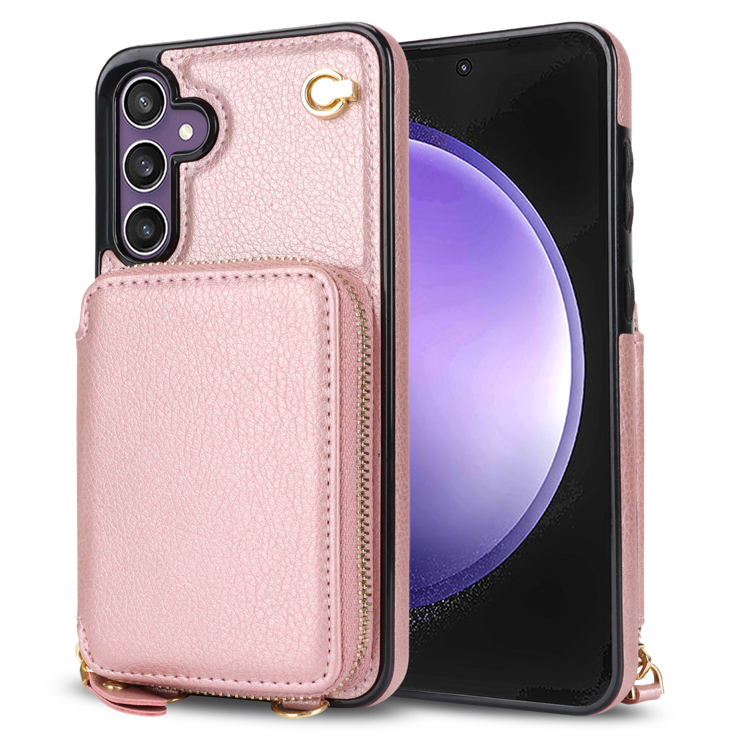 Samsung Galaxy S25 FE Necklace Leder Schutz Hülle mit Kartenfächer   Handykette (140cm) - Roségold