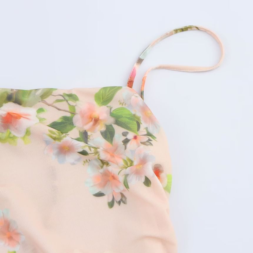 Cumulys - Spaghettibandjes bloemenprint ruches asymmetrische midi-jurk
