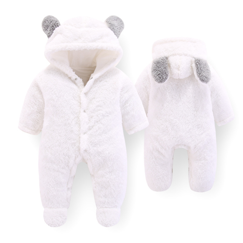 Baby Winter Outdoor Strampler Kuschel Overall Plüsch Strampelanzug mit Druckknöpfe / Kapuze (4-6 Monate) - Weiss