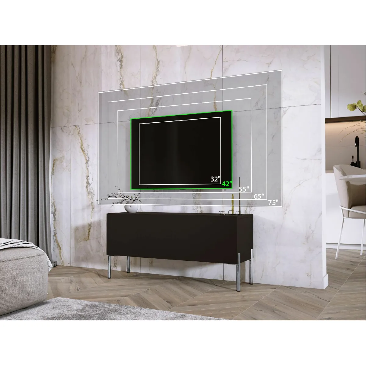 3xeliving Meuble TV Noir mat avec pieds chrome
