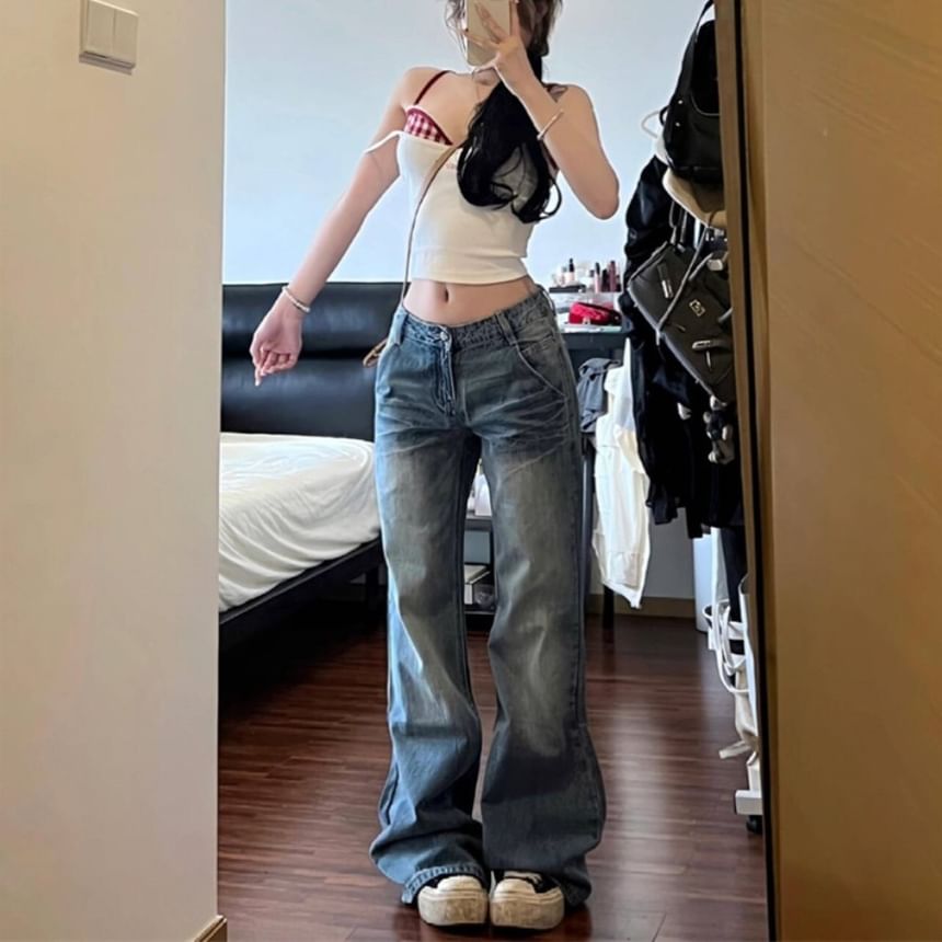 Mushini - Mid Waist Washed Wide Leg Jeans