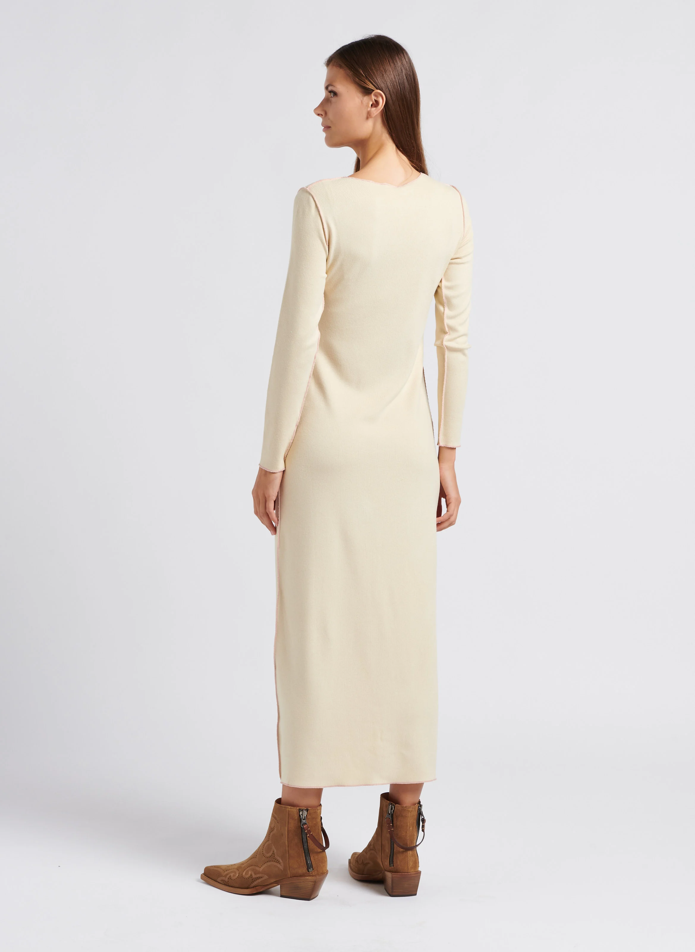 IDA - Robe longue droite à col rond | Beige