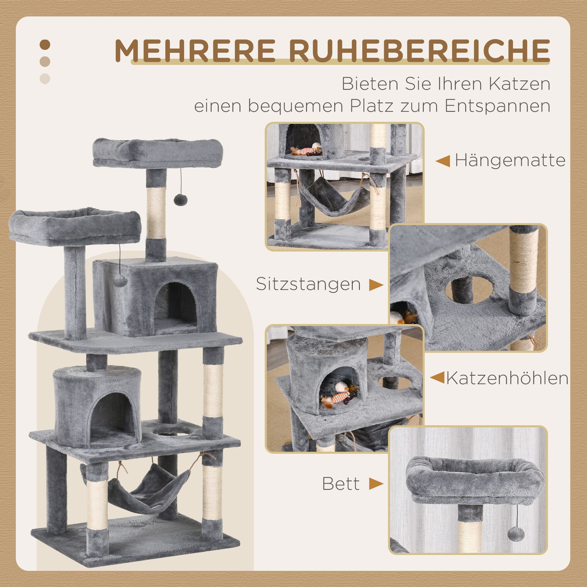 PawHut Kratzbaum mit Spielbällen und Kuschelhöhle grau 60 x 50 x 145 cm (BxTxH)