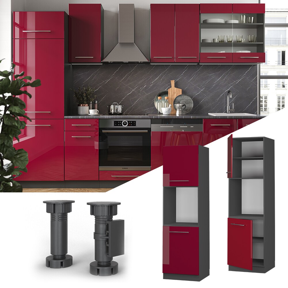Vicco Herdumbauschrank Küchenschrank Küchenmöbel Fame-Line Anthrazit Bordeaux Rot60 cm modern Hochglanz Küche Einbauküche Blende Herdschrank Hochschrank Küchenzeile Drehtür Einlegeboden