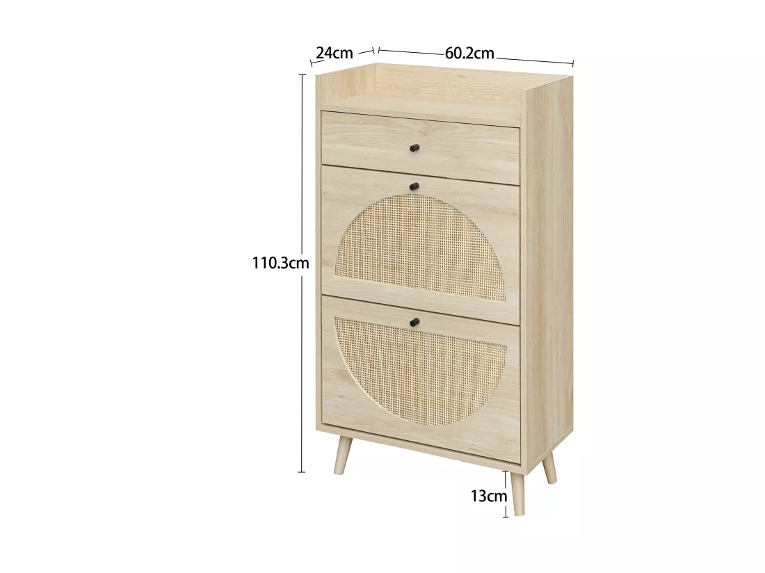Haobosic - Meuble à chaussures avec 2 portes et 1 tiroir, design en rattan naturel, étagères ajustables, 60 cm, sans dos, idéal pour couloir