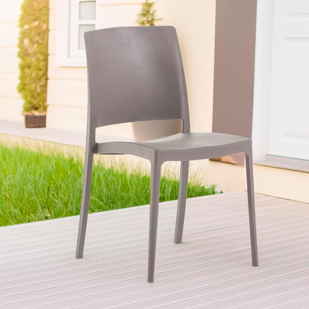 Stapelbare Stühle aus Polypropylen mit Glasfaser, wetterfeste Gartenstühle für außen oder innen, robust und pflegeleicht, modernes Design – Maria (4 Stühle, Braungrau)