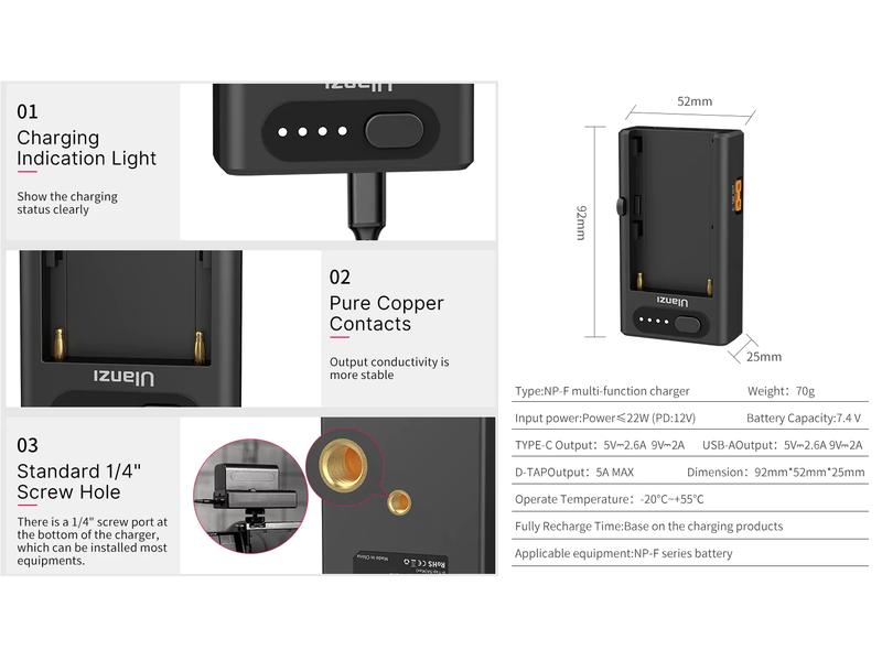 Ulanzi Ladegerät NP-F01 Ulanzi NP-F01 Multifunktionales Akku-Ladegerät/Netzteil für Sony L-Serie, AC, Chemie-Li-Ion, 1 Position, W/O-Ausgang, USB, Quick Charge