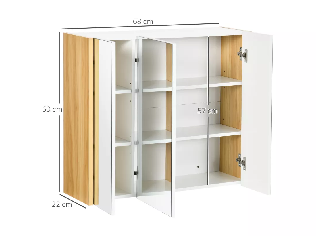 Armoire miroir salle de bain 3 portes 4 étagères aspect bois clair blanc