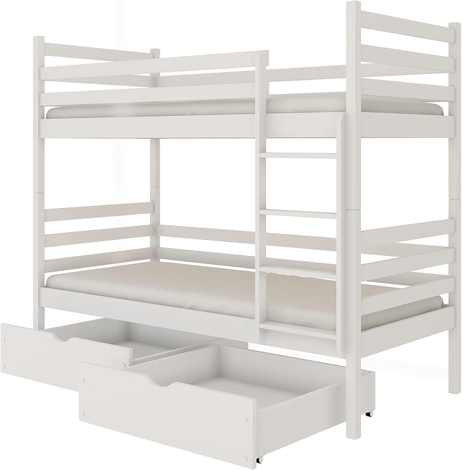Hochbett 90x200 cm mit 2 Schubladen Etagenbett mit Rausfallschutz und Lattenrost, umbaubar in Zwei Kinderbetten, aus Vollholz massiv in weiß, Funktionsbett Kinderbett