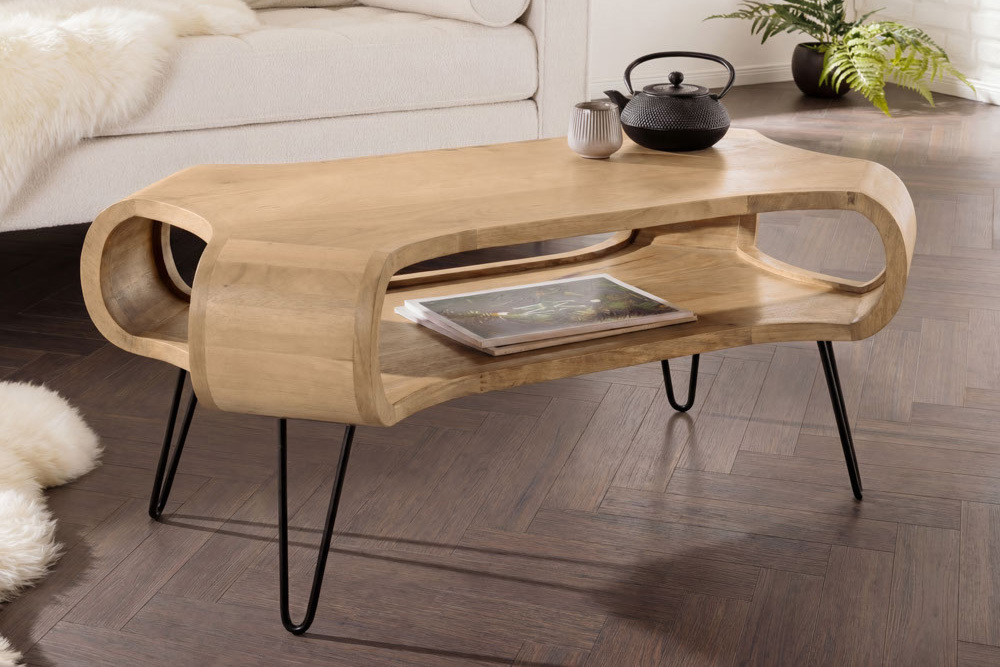 Couchtisch ORGANIC LIVING 100cm natur cream finish Mangoholz mit Hairpin Legs