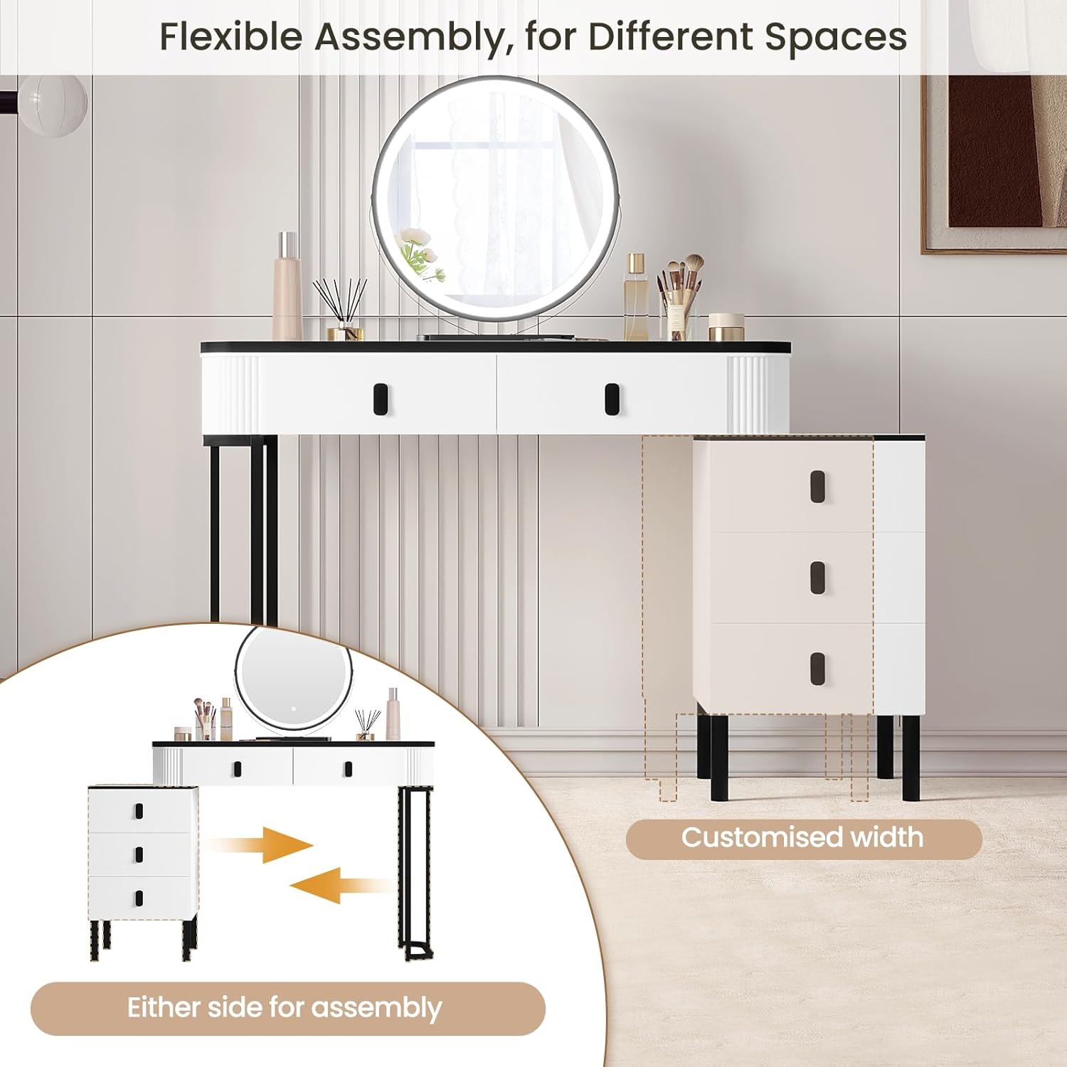 WOLTU Schminktisch mit Spiegel LED & Beleuchtung & Hocker, 3 Lichtfarben, Moderner Frisiertisch mit 5 Schubladen, 2-in-1 Schreibtisch, Flexibler Unterschrank, für Schlafzimmer, Holz, in Weiß+Schwarz