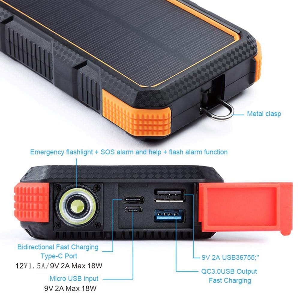 (18W) 20000mAh USB C Outdoor Solar Powerbank Qi Wireless Quick Charge Taschenlampe (Spritzwassergeschützt) - Schwarz