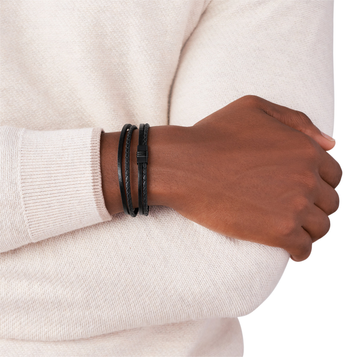 Bracelet FOSSIL acier cuir noir tressé 19 cm