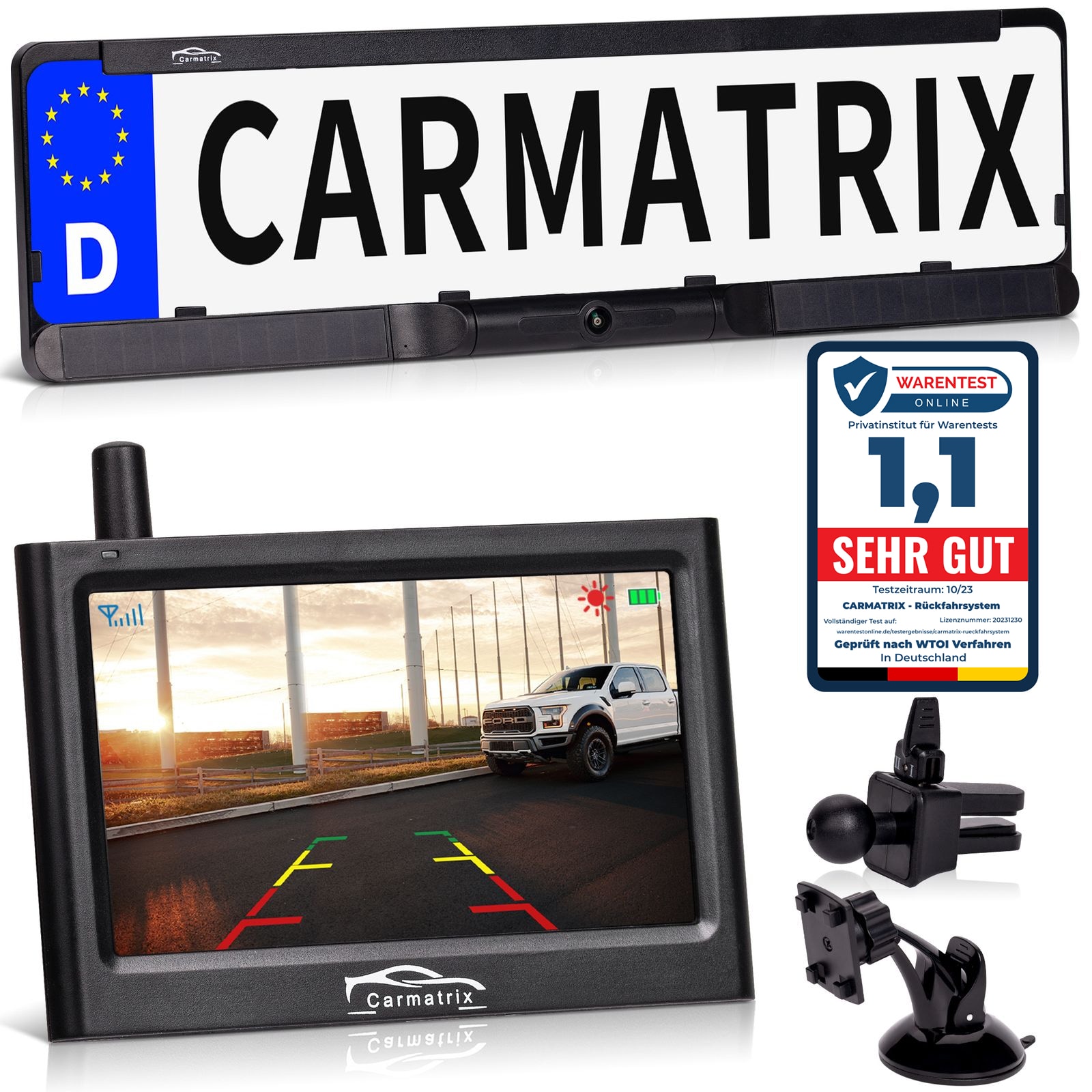 CARMATRIX Solar Funk Rückfahrkamera mit Monitor Rückfahrsystem kabellos mit Solarpanel für PKW