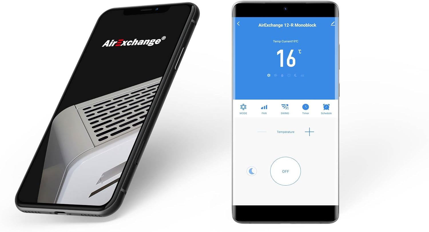 AirExchange - Wand-Monoblock-Klimaanlage-Wärmepumpe-INVERTER, 4-in-1 Klimaanlage ohne Außengerät, Heizen, Kühlen, Entfeuchten, Reinigen, 12.000 BTU, bis 80 m², R290, WEIß