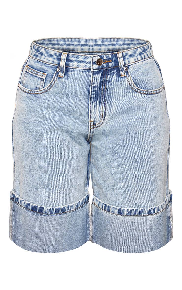 Mid Blue Wash Short En Jean Denim Bleu Moyen Ourlet Retroussé Petite