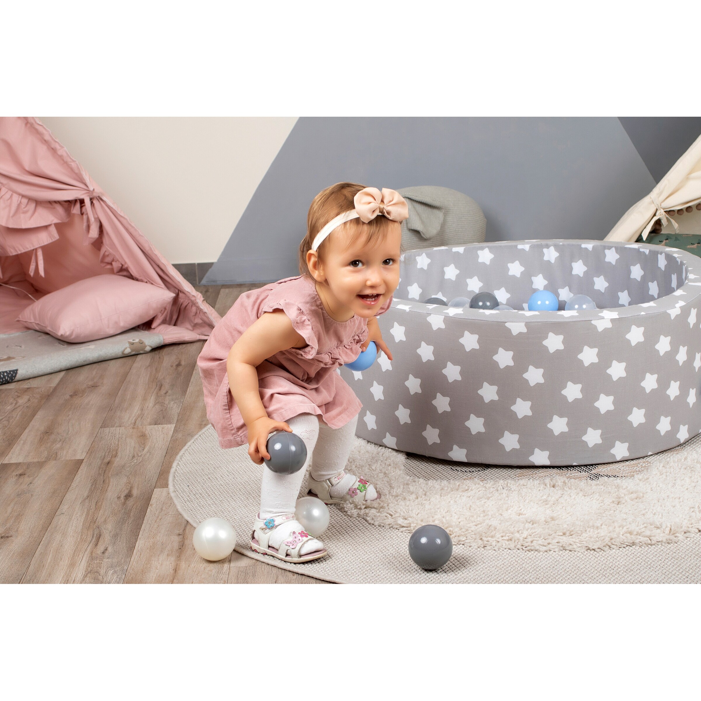 Knorrtoys Bällebad soft - Grey white stars mit 300 Bällen grau/hellblau