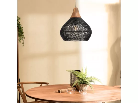 ALIDA - Suspension 'cloche' 40x40cm en rotin couleur noire et teck