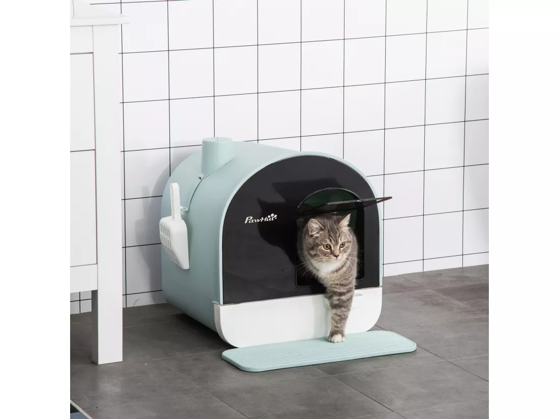 Maison de toilette bac à litière pour chat avec porte battante, pelle et filtre inclus dim. 43L x 44l x 47H cm PP bleu