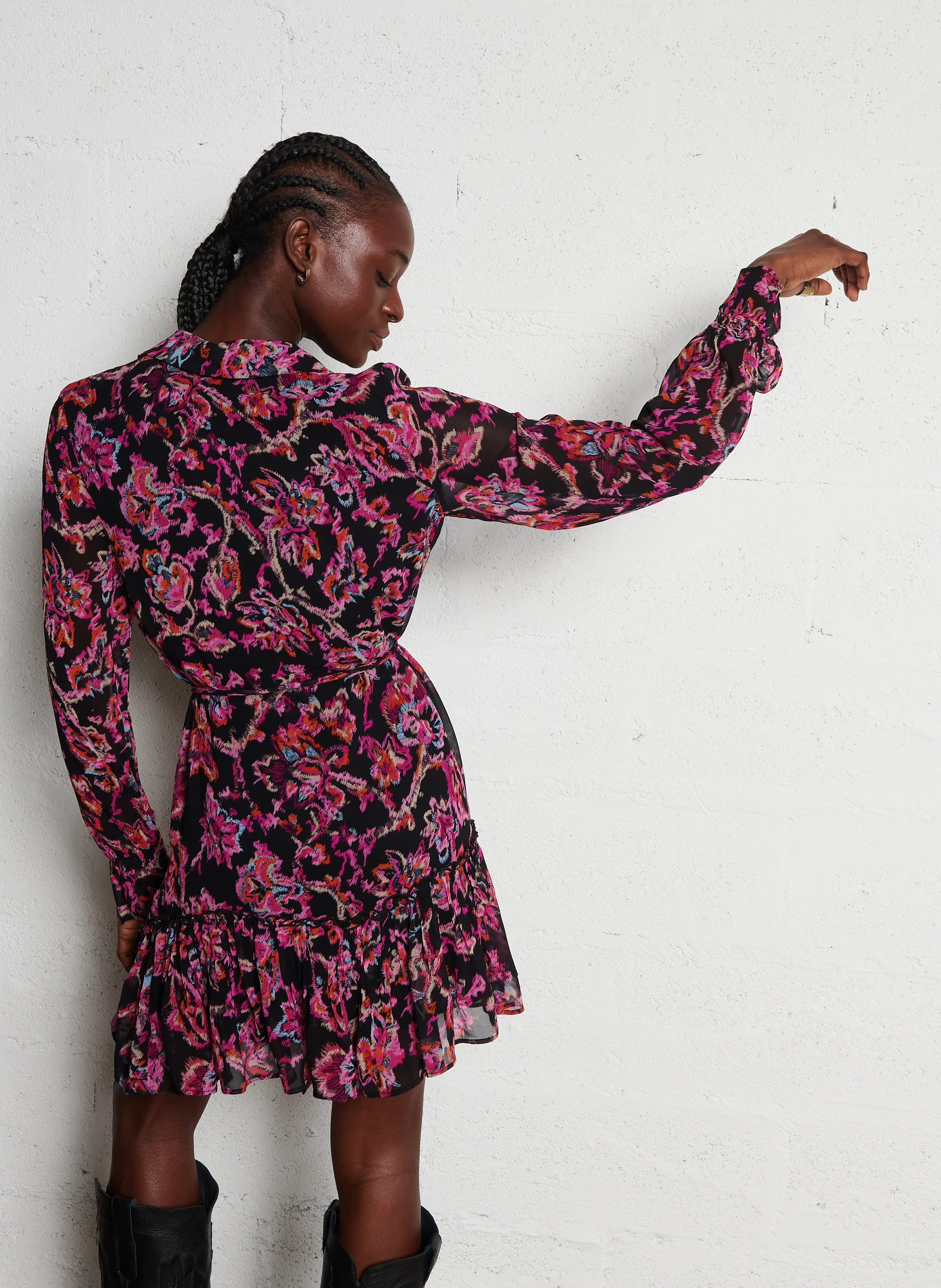 RAKEL - Robe courte col classique imprimée | Noir