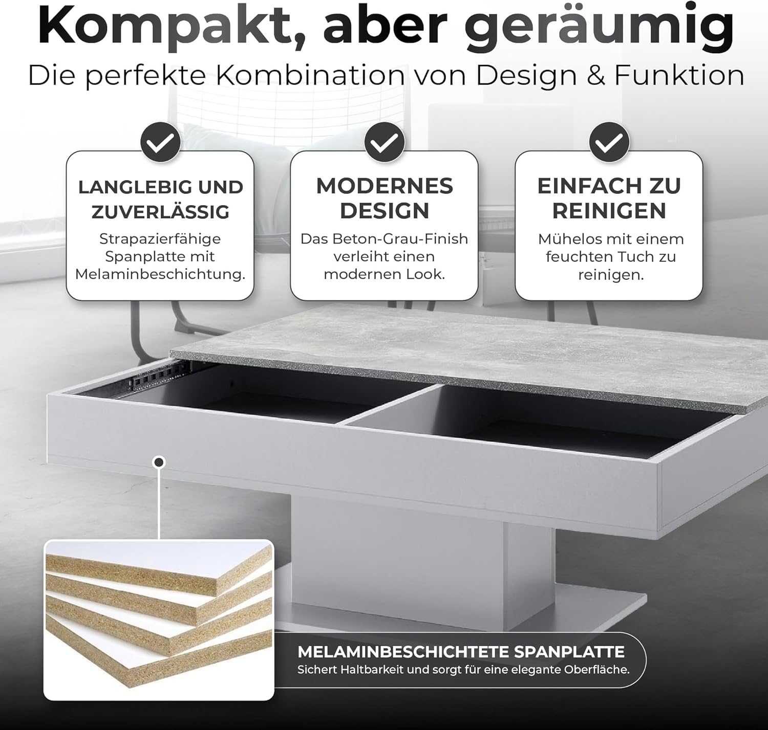 [en.casa] Couchtisch Lünen Wohnzimmertisch mit Stauraum Truhentisch Sofatisch mit ausziehbarer Tischplatte rechteckig 2 Staufächer 40 x 110 x 60 cm Betonoptik/Grau