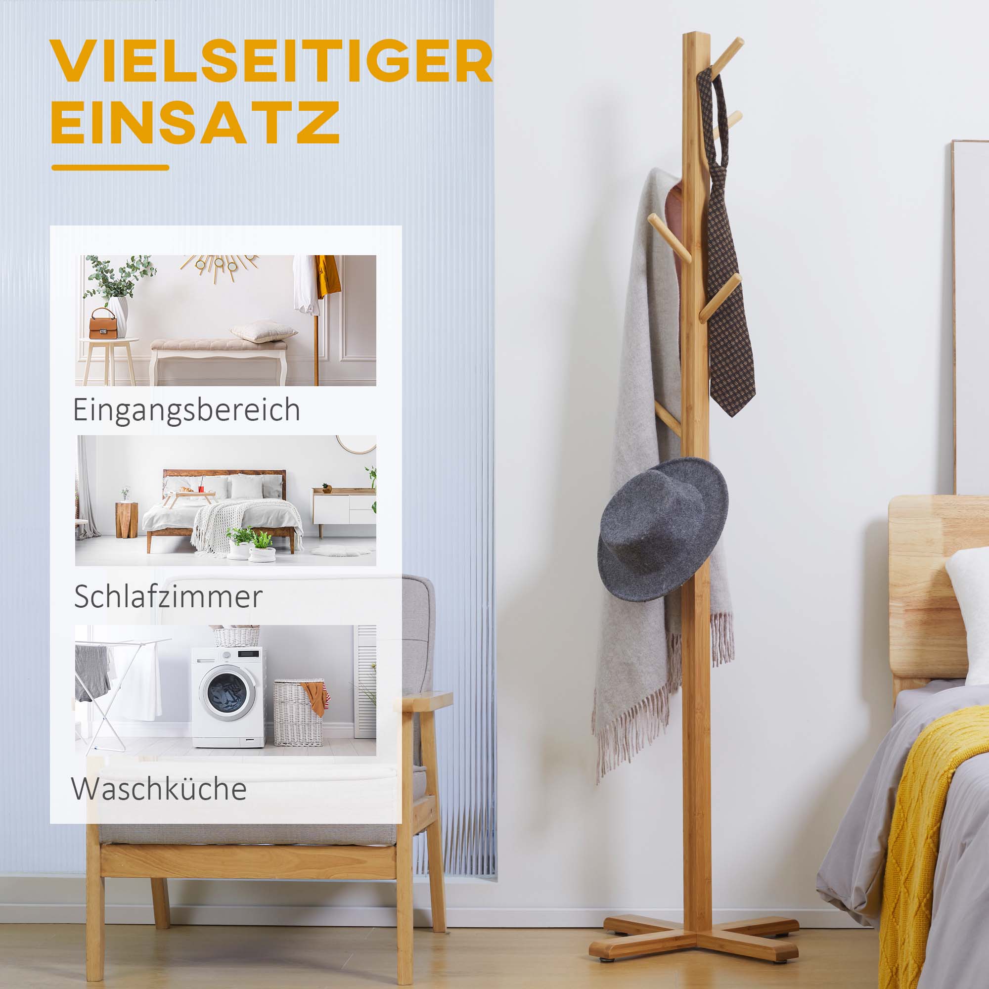 HOMCOM Garderobenständer mit 8 Haken und Kreuzfuß natur 49,5L x 49,5B x 178H cm