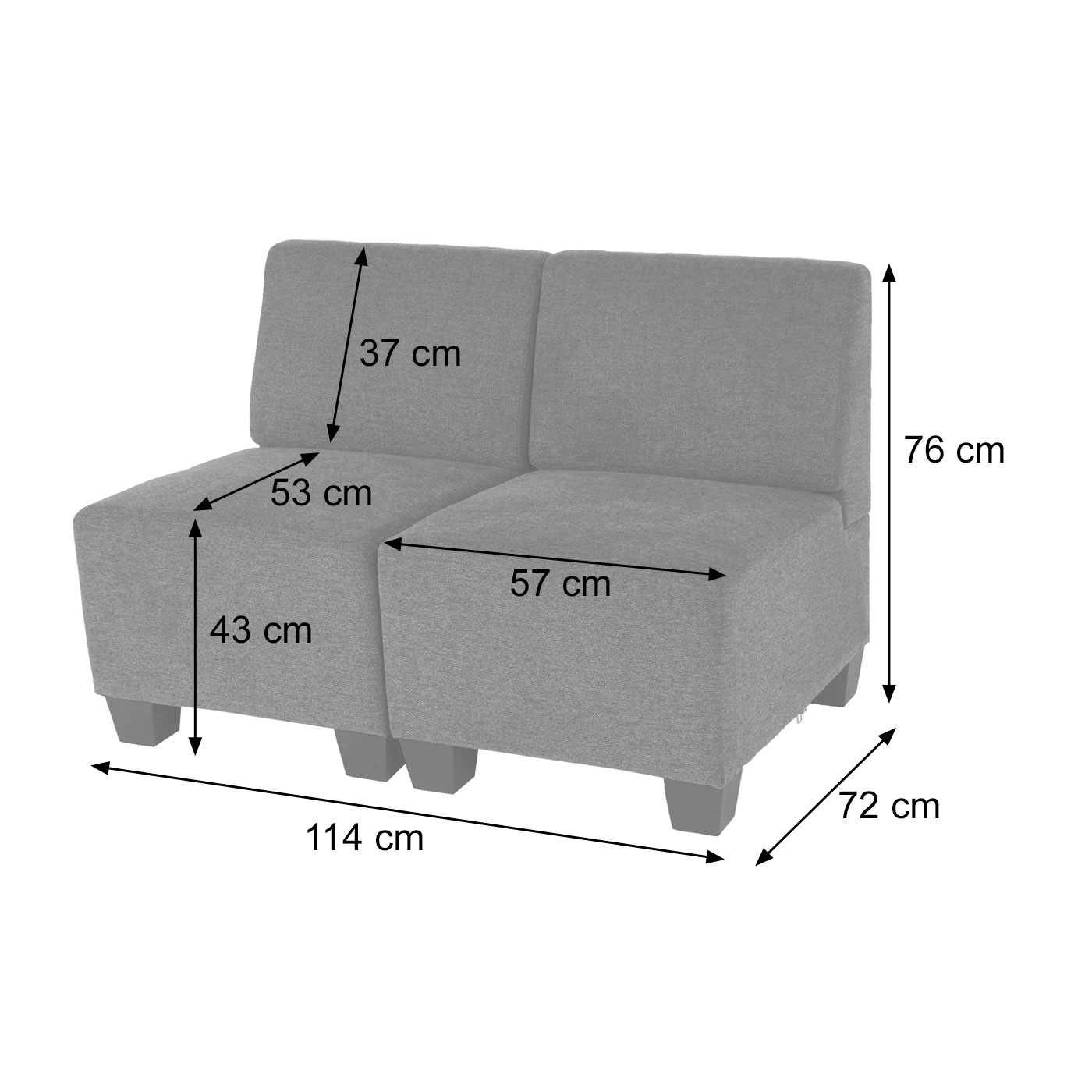 Modular 2-Sitzer Sofa Couch Lyon, Stoff/Textil ~ grau, ohne Armlehnen