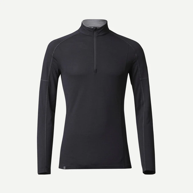 Decathlon Forclaz - Camiseta de manga comprida Forclaz para mochileiros de montanha, em lã merino, com gola com zíper - MT500