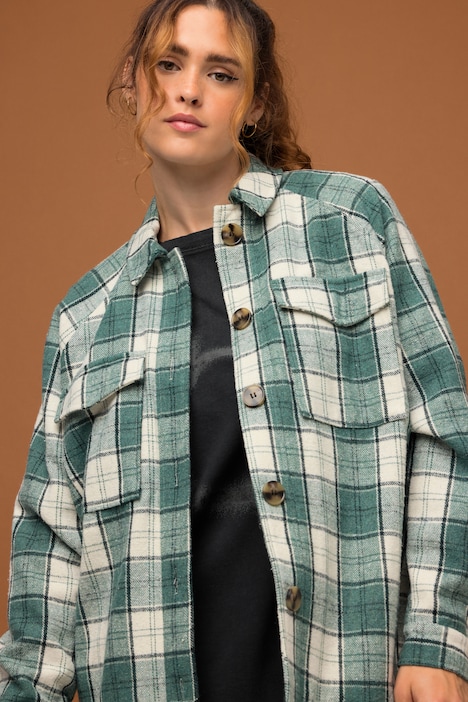 Karo-Flanellhemd, oversized, Hemdkragen, Raglan-Langarm