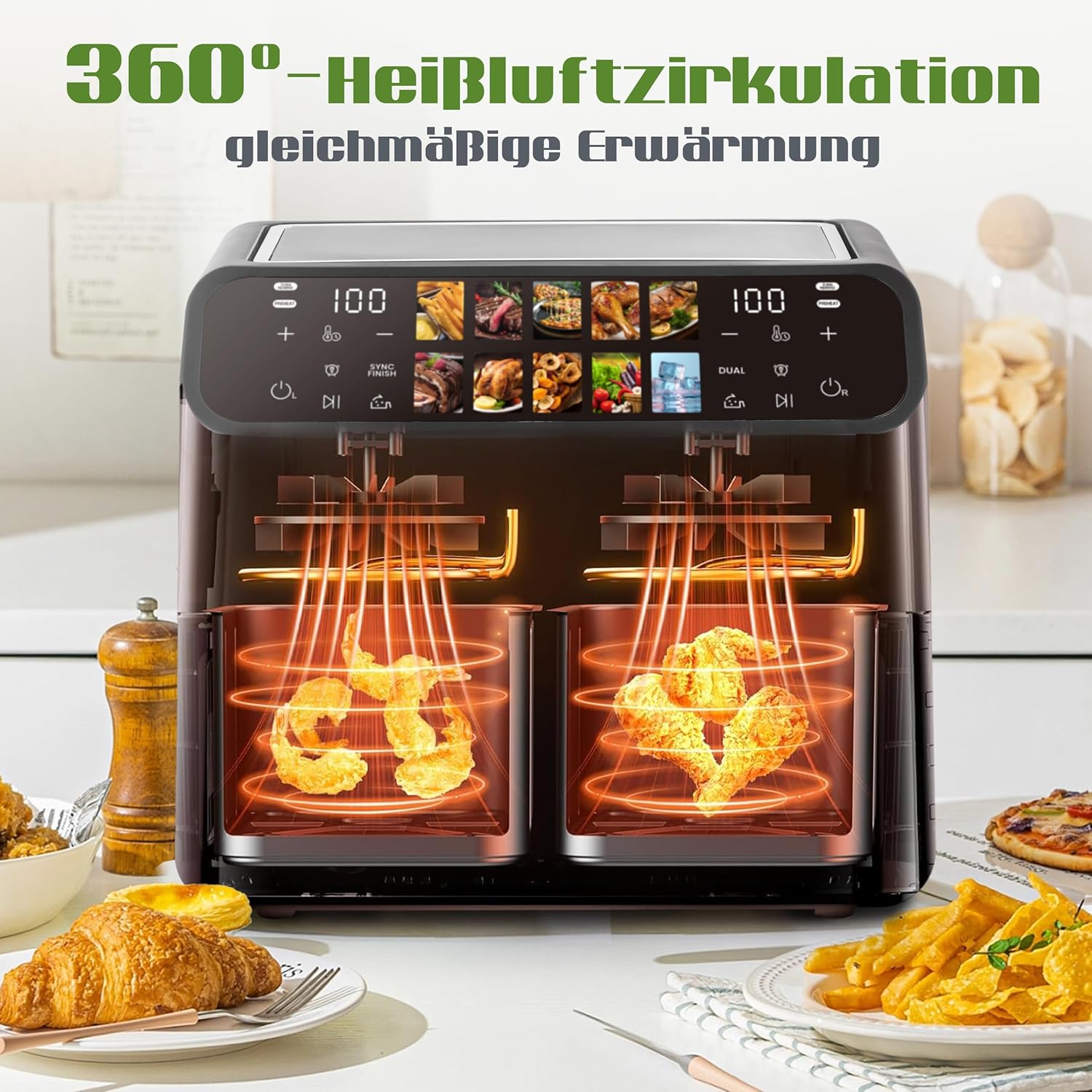 Heißluftfritteuse Airfryer, Dual Zone Heißluftfritteuse 9L – Doppelkammer XXL 2000 W, LED-Touchscreen, 10 Programme, Friteuse Heissluft ohne Öl, Airfryer mit 2 Körben(9L-901A)