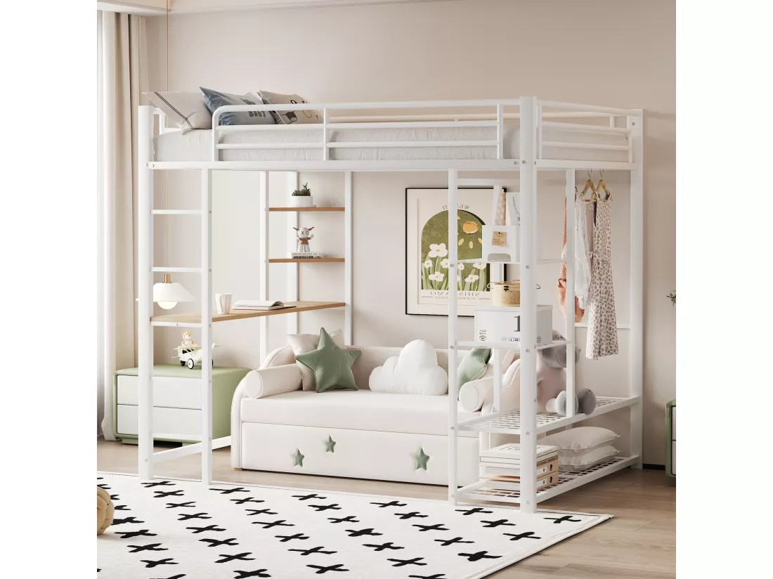 Lit mezzanine lit en fer/ lit en métal 90*200cm lit simple enfant avec compartiment de rangement table et sommier à lattes, blanc