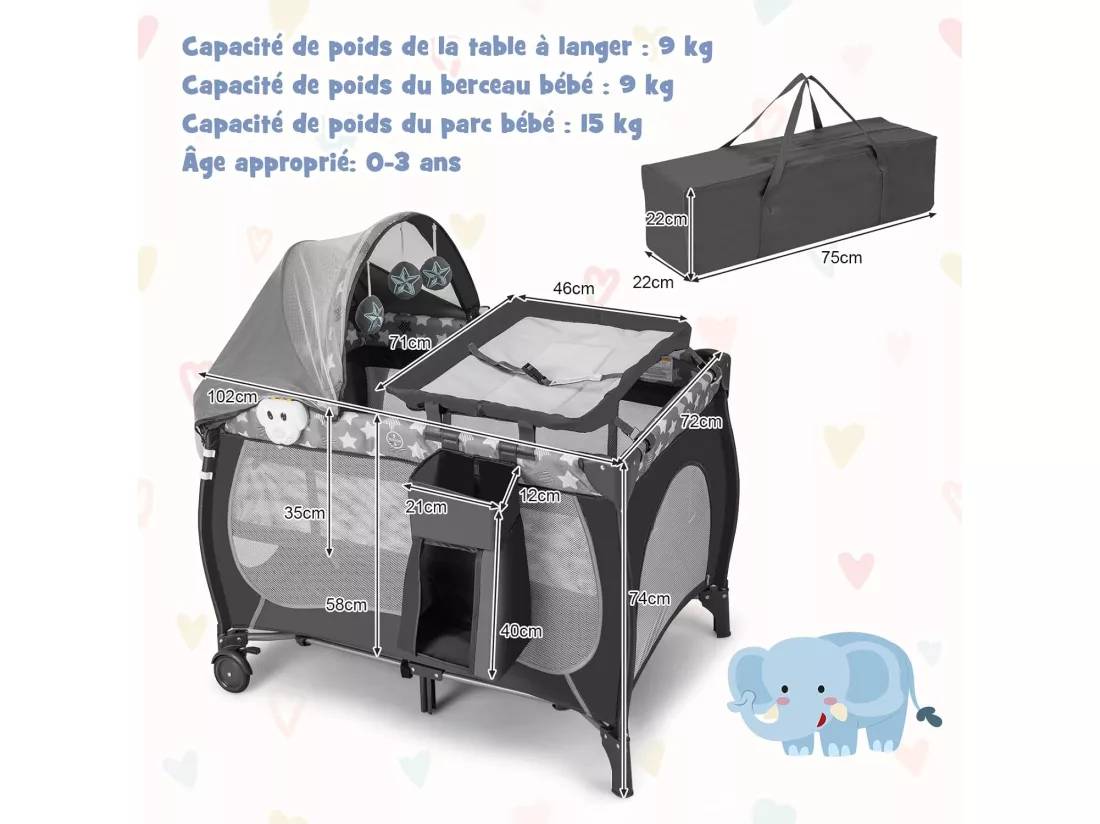 5 en 1 Lit Parapluie Bébé avec Matelas & Moustiquaire, Lit Bébé Evolutif avec Table à Langer, 3 Jouets Mignons & Boîte à Musique, Sac de Transport, Charge 9kg pour 0-36 Mois, Gris